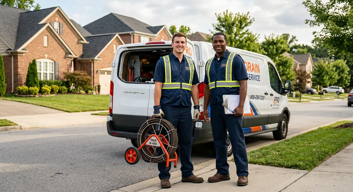 Sewer and drain service team with equipment ready for work in Fate