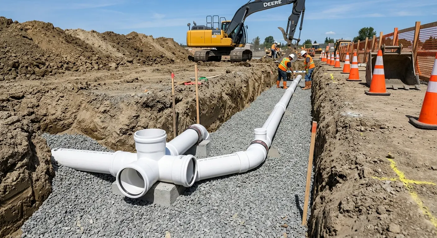 New PVC sewer pipe installation in open trench for Grease Trap Cleaning in Fate