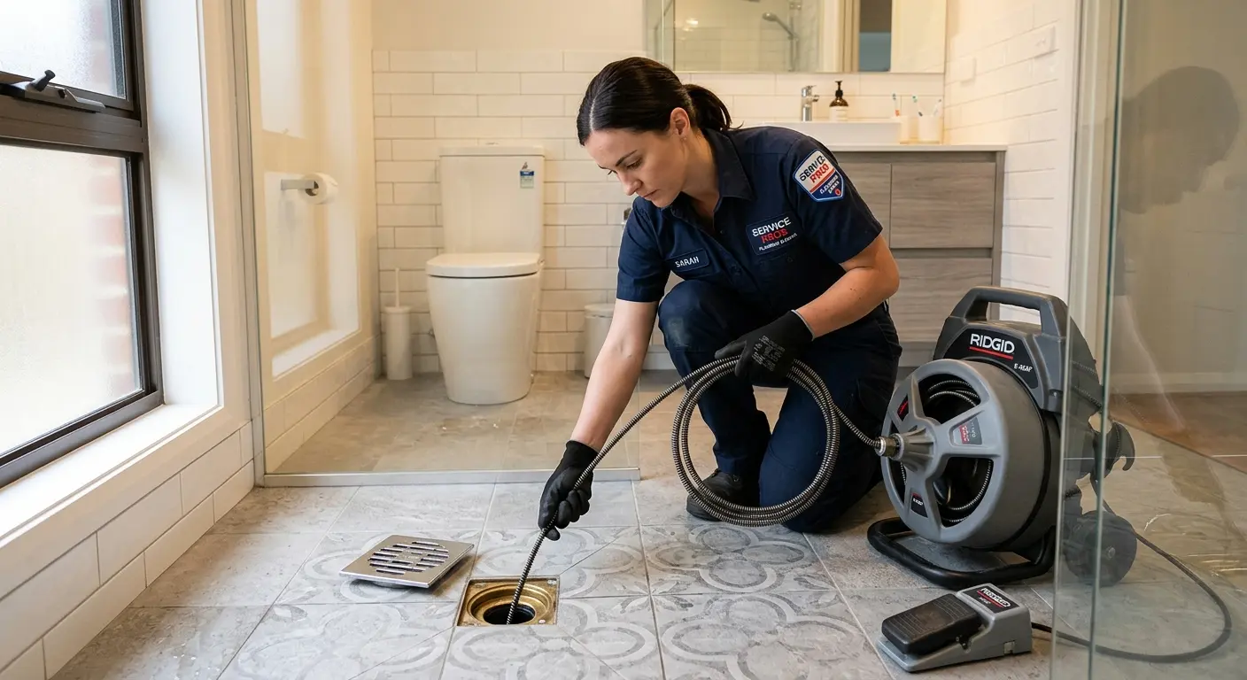 Technician clearing a bathroom floor drain for Drain Repair in Fate
